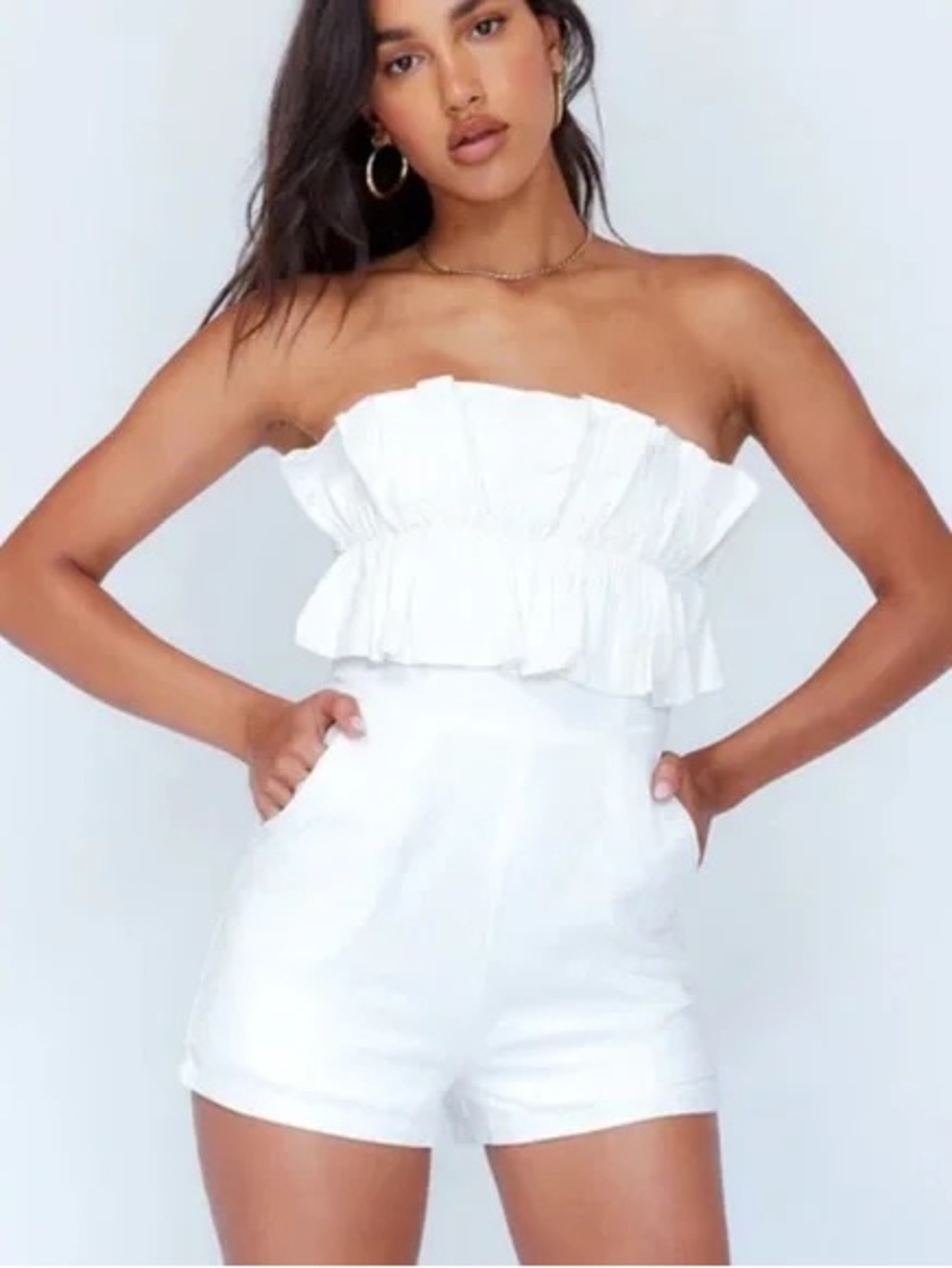 Princess Polly Cream Strapless Romper with Ruffle Detail